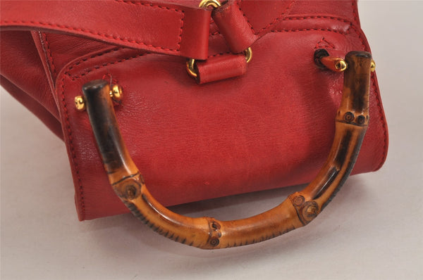 Authentic GUCCI Vintage Bamboo Backpack Purse Leather Red 6136J