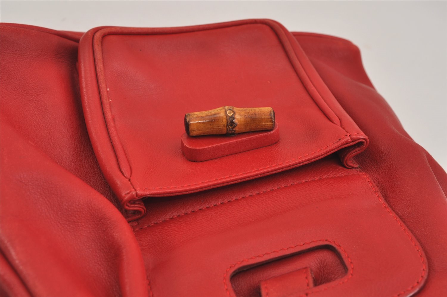 Authentic GUCCI Vintage Bamboo Backpack Purse Leather Red 6136J