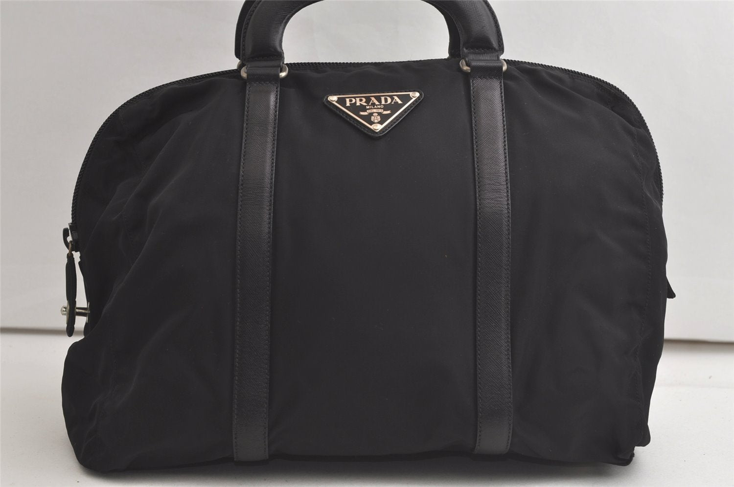 Authentic PRADA Nylon Tessuto + Saffi Hand Boston Bag Purse V129 Black 6140K