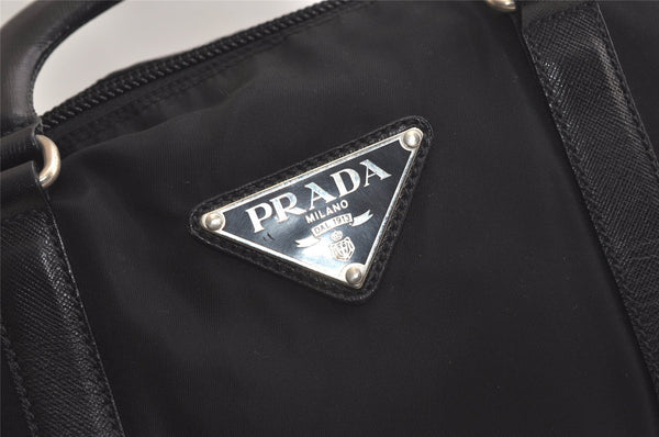 Authentic PRADA Nylon Tessuto + Saffi Hand Boston Bag Purse V129 Black 6140K