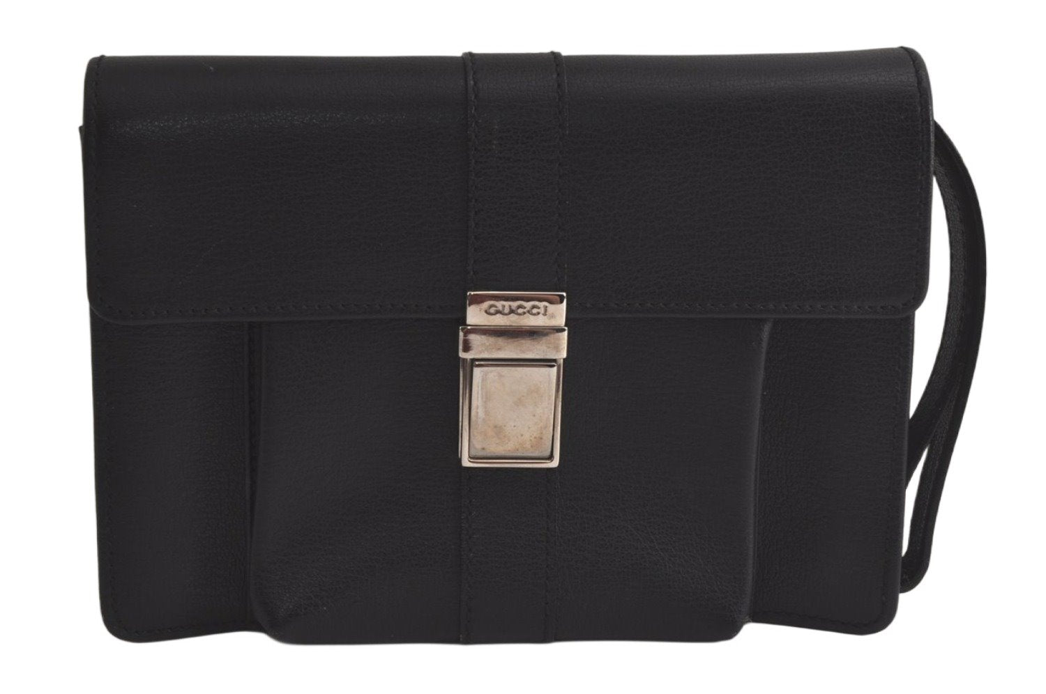 Authentic GUCCI Vintage Clutch Hand Bag Purse Leather Black 6141K