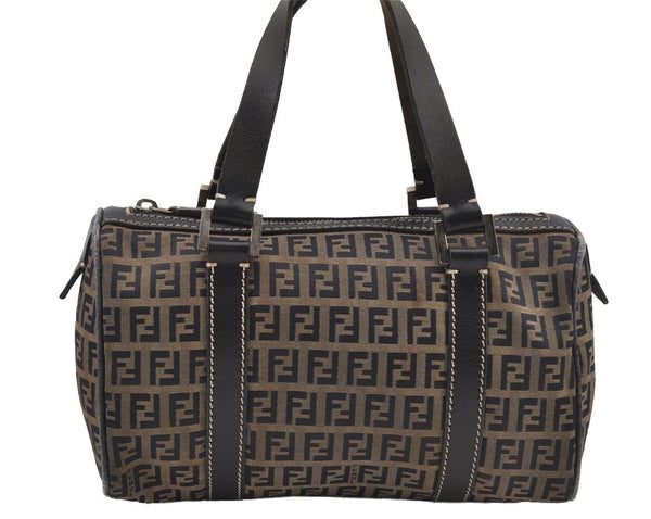 Authentic FENDI Zucchino Hand Boston Bag Purse Canvas Leather Navy Blue 6144J