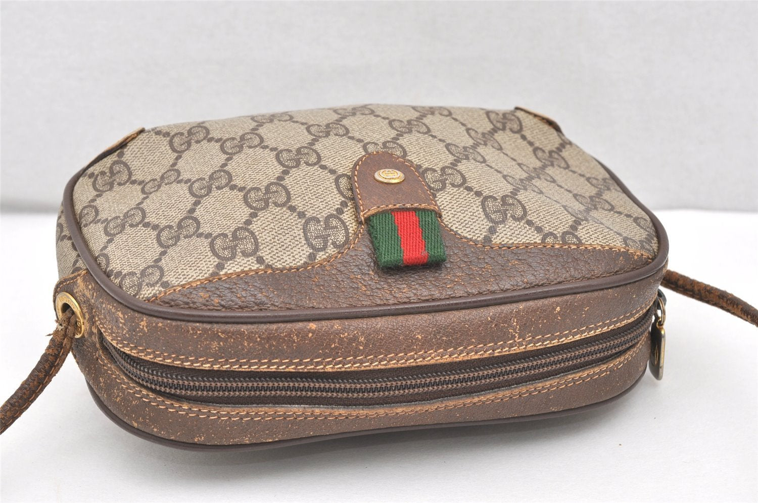 Authentic GUCCI Web Sherry Line Shoulder Cross Bag GG PVC Leather Brown 6147K