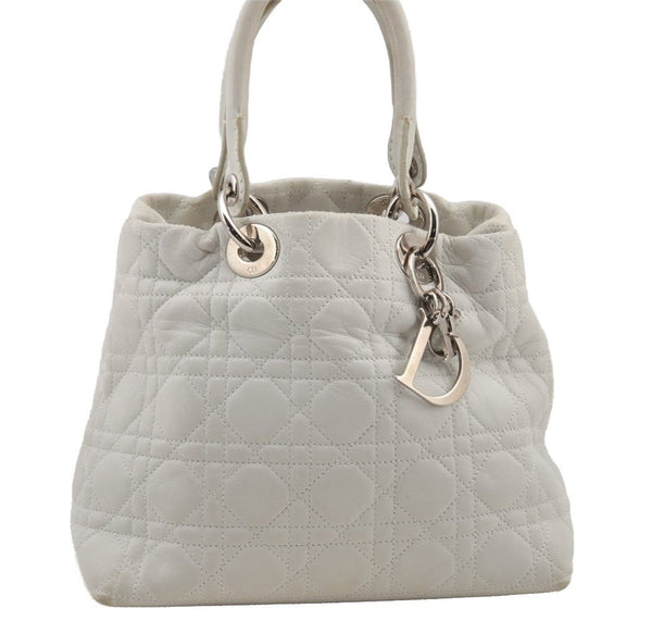 Authentic Christian Dior Lady Dior Lamb Skin Cannage Hand Bag White CD 6152J