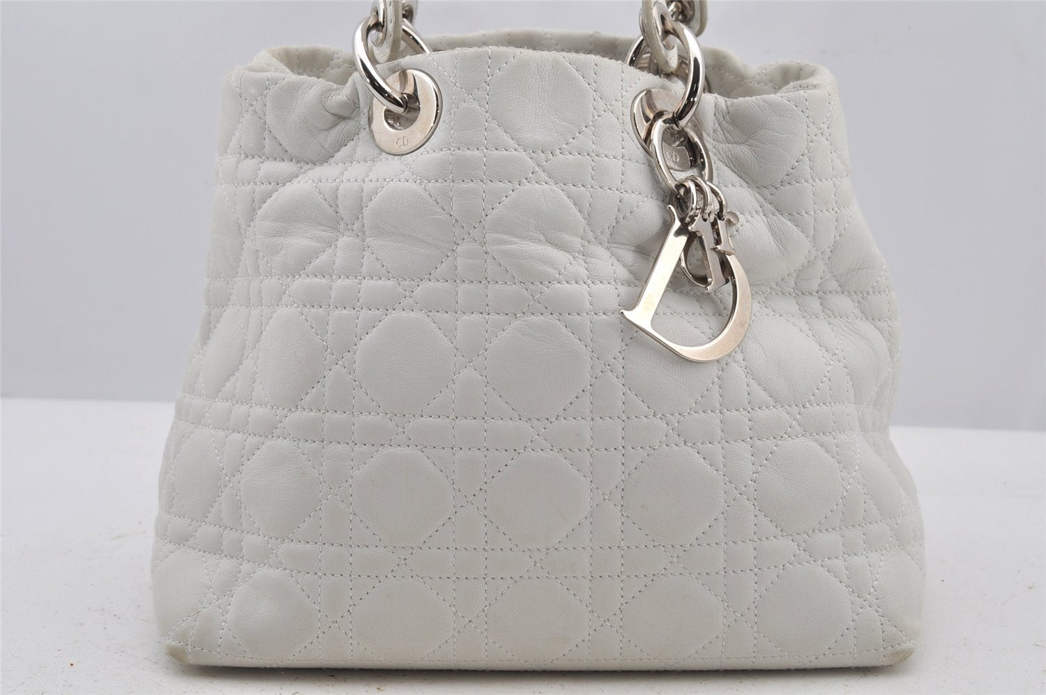 Authentic Christian Dior Lady Dior Lamb Skin Cannage Hand Bag White CD 6152J