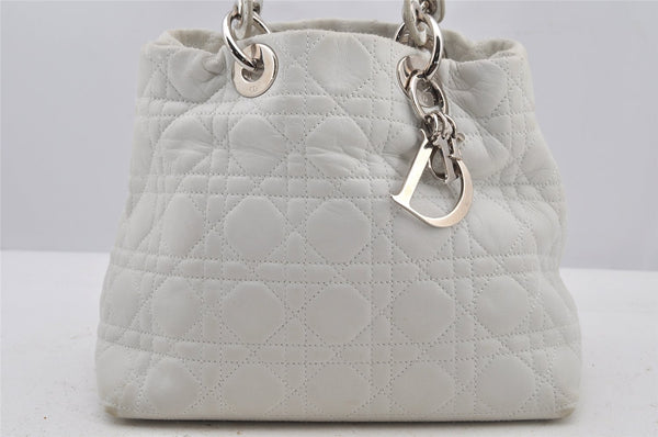 Authentic Christian Dior Lady Dior Lamb Skin Cannage Hand Bag White CD 6152J