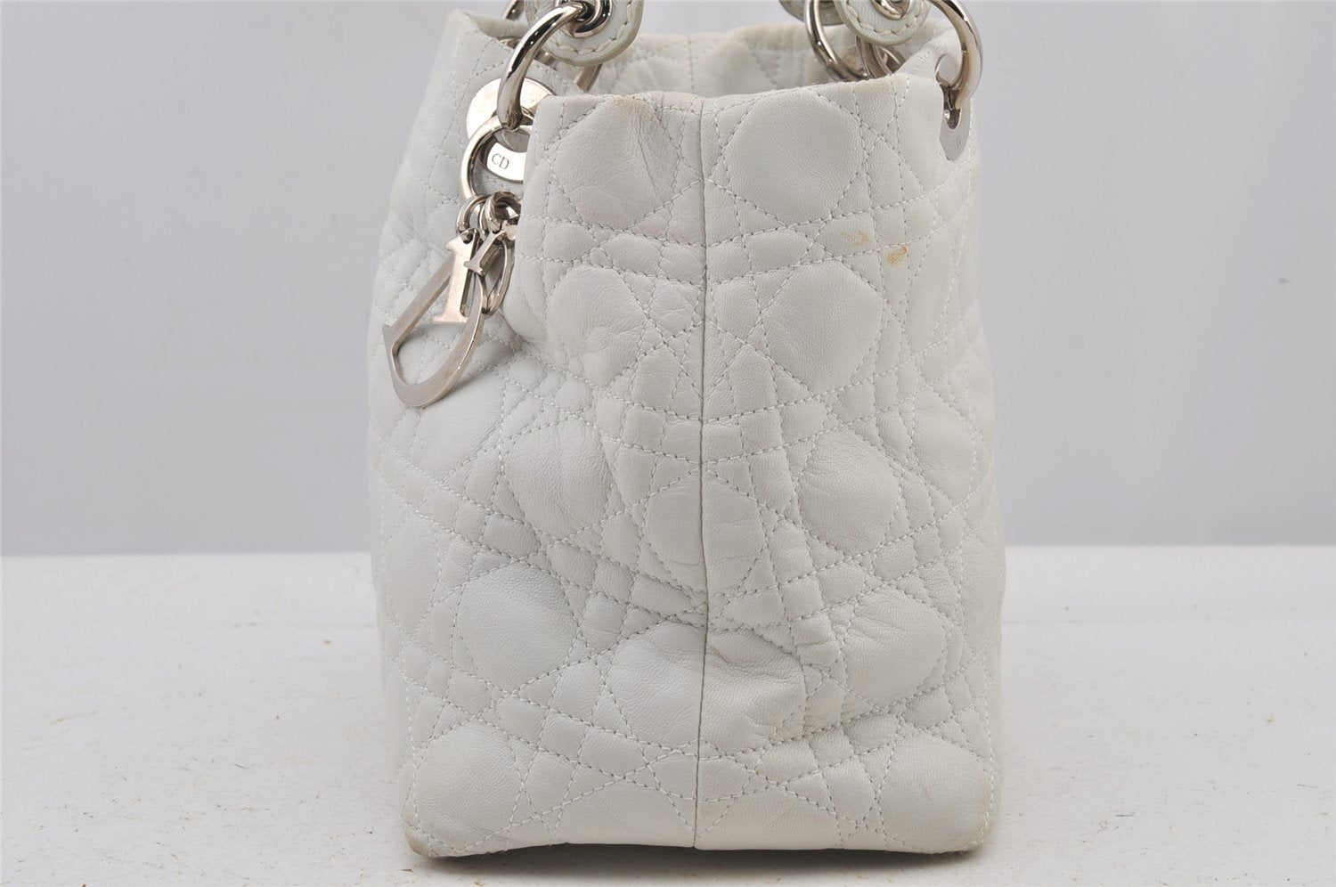 Authentic Christian Dior Lady Dior Lamb Skin Cannage Hand Bag White CD 6152J