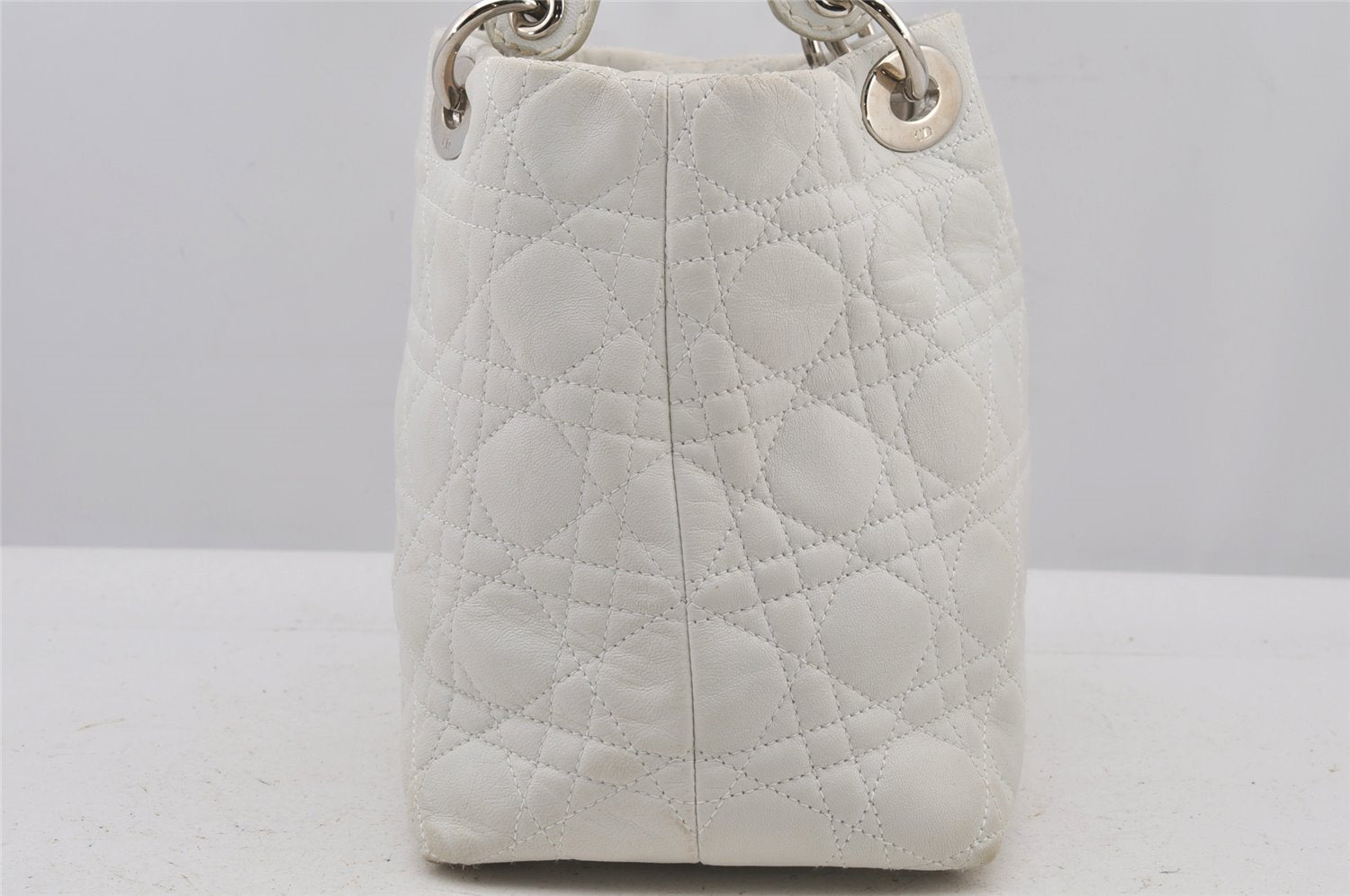 Authentic Christian Dior Lady Dior Lamb Skin Cannage Hand Bag White CD 6152J