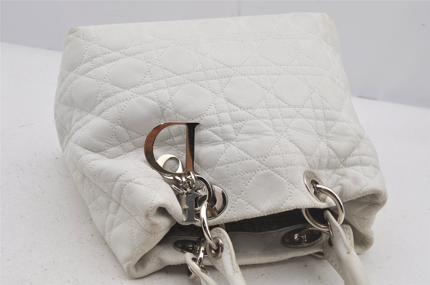 Authentic Christian Dior Lady Dior Lamb Skin Cannage Hand Bag White CD 6152J
