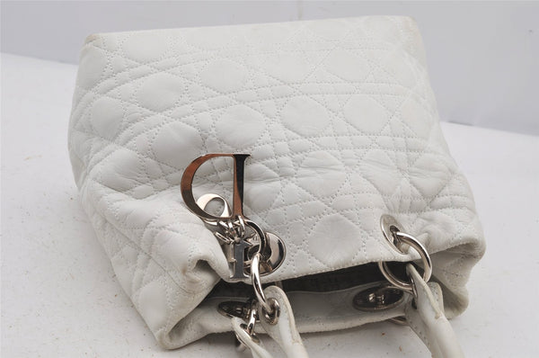Authentic Christian Dior Lady Dior Lamb Skin Cannage Hand Bag White CD 6152J