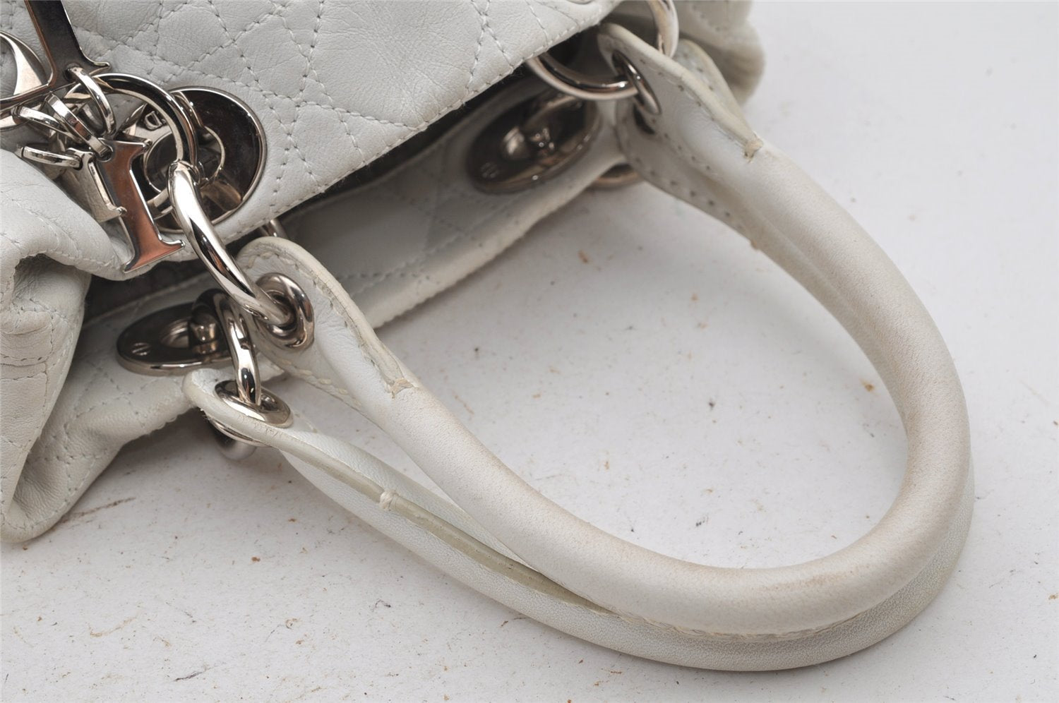 Authentic Christian Dior Lady Dior Lamb Skin Cannage Hand Bag White CD 6152J