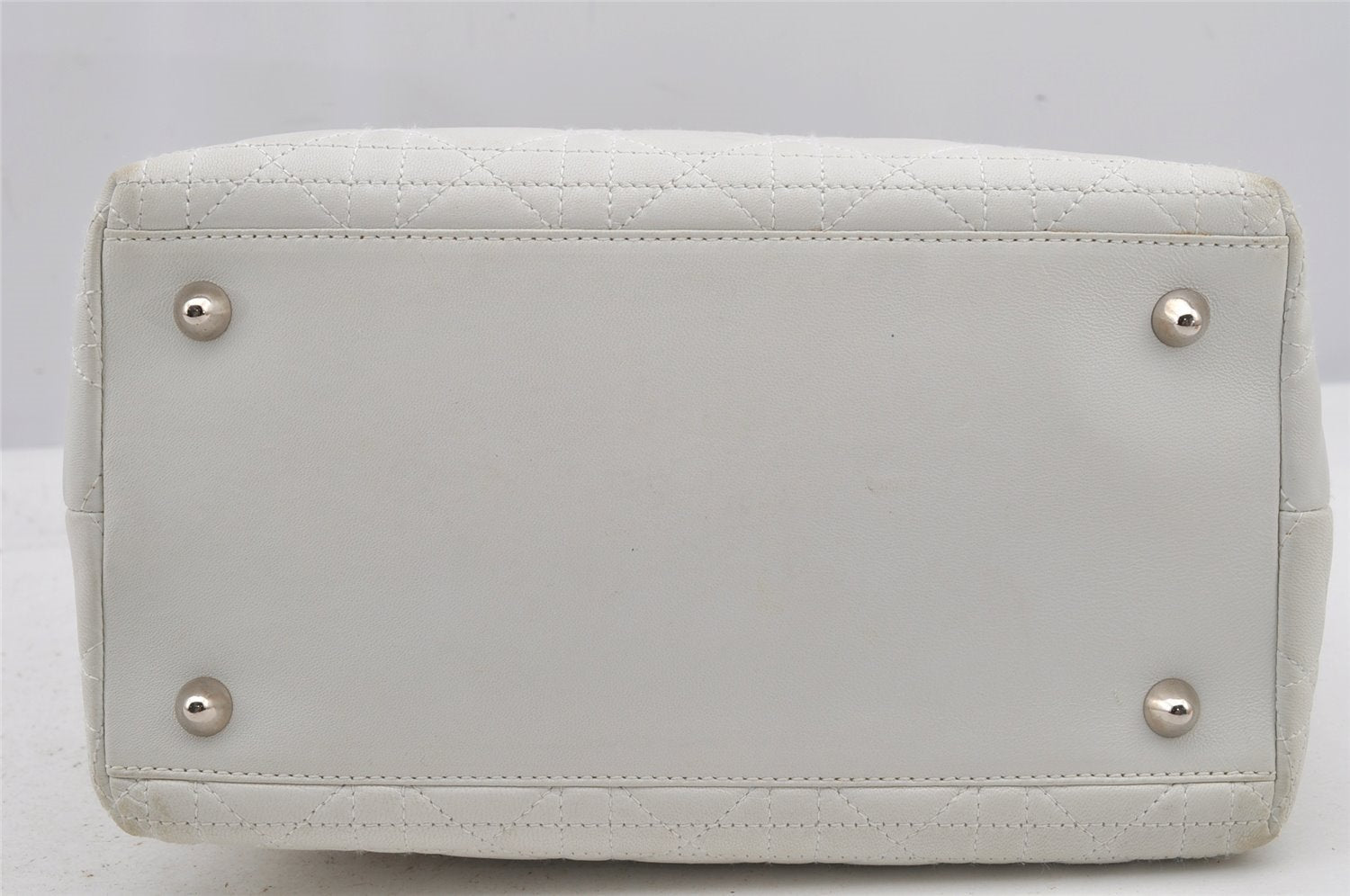 Authentic Christian Dior Lady Dior Lamb Skin Cannage Hand Bag White CD 6152J