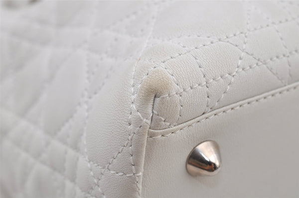 Authentic Christian Dior Lady Dior Lamb Skin Cannage Hand Bag White CD 6152J