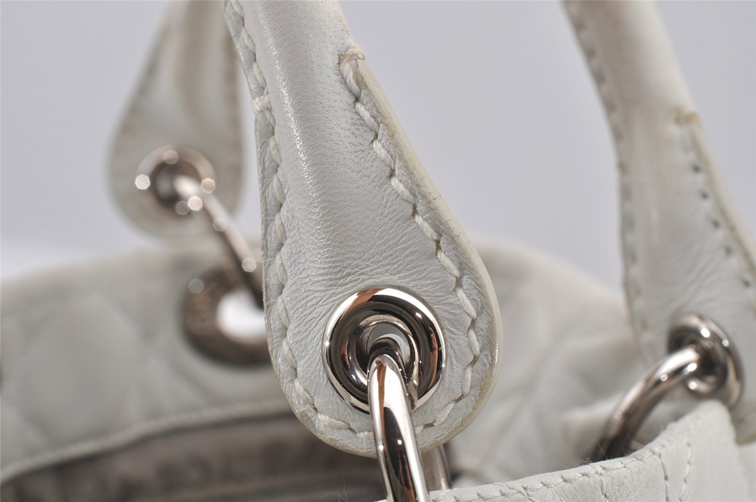 Authentic Christian Dior Lady Dior Lamb Skin Cannage Hand Bag White CD 6152J