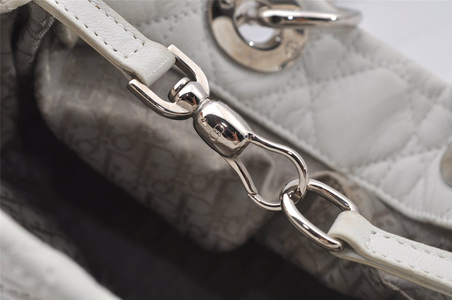 Authentic Christian Dior Lady Dior Lamb Skin Cannage Hand Bag White CD 6152J
