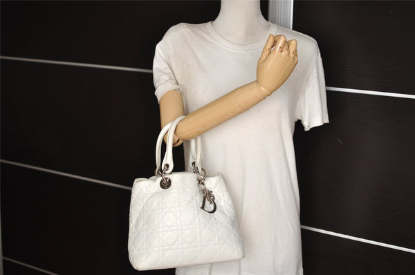 Authentic Christian Dior Lady Dior Lamb Skin Cannage Hand Bag White CD 6152J