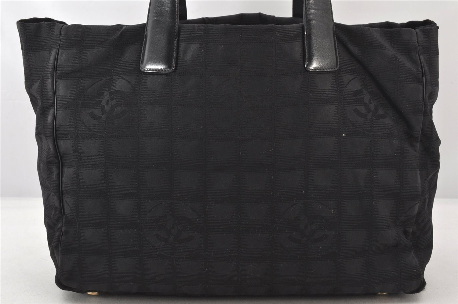 Authentic CHANEL New Travel Line Tote Bag Nylon Leather Black Junk 6156K