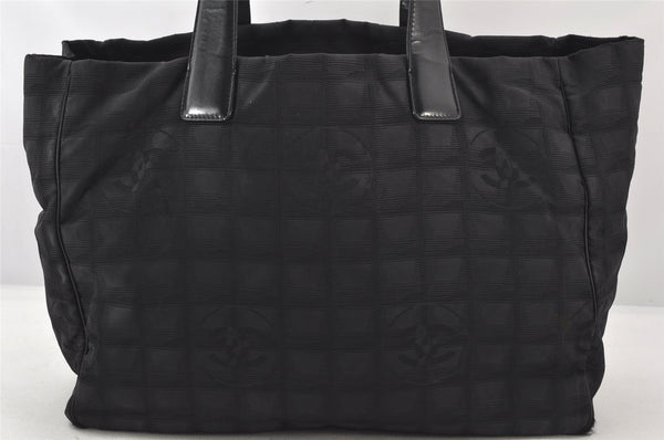 Authentic CHANEL New Travel Line Tote Bag Nylon Leather Black Junk 6156K