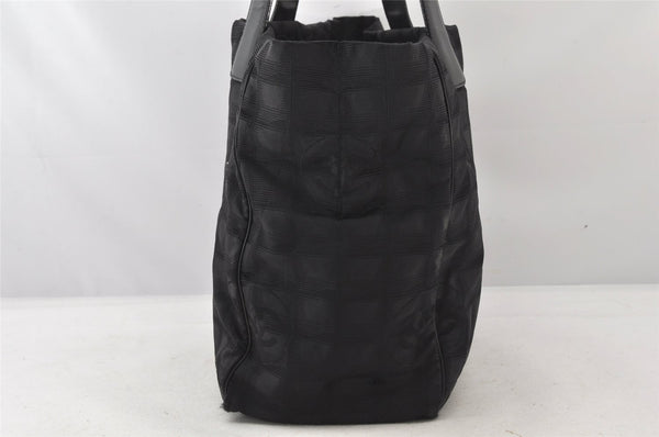 Authentic CHANEL New Travel Line Tote Bag Nylon Leather Black Junk 6156K