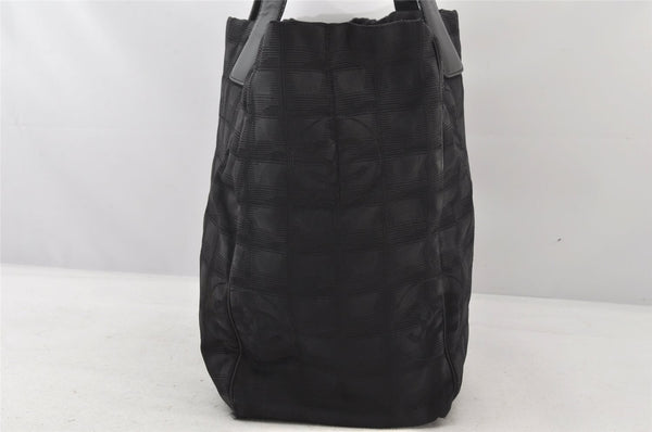 Authentic CHANEL New Travel Line Tote Bag Nylon Leather Black Junk 6156K