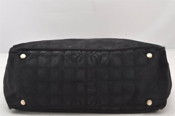 Authentic CHANEL New Travel Line Tote Bag Nylon Leather Black Junk 6156K