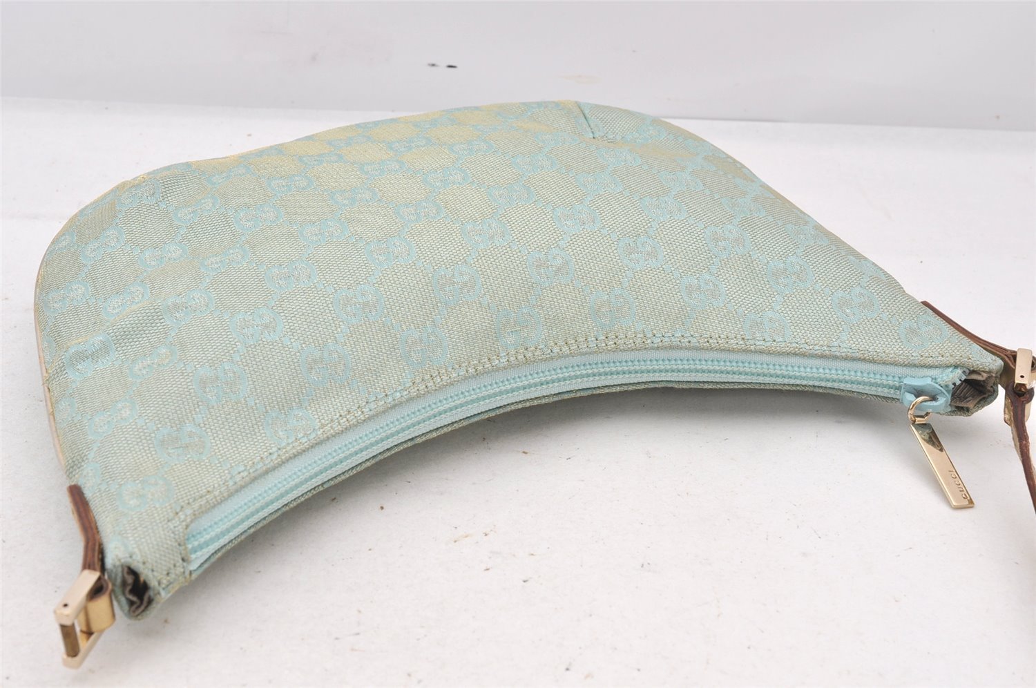Authentic GUCCI Shoulder Bag GG Canvas Leather 0050813 Light Blue Junk 6161K