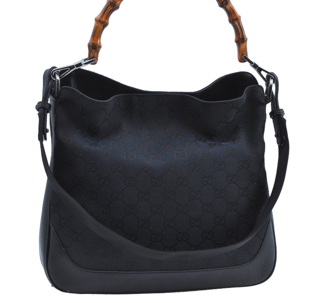 Authentic GUCCI Bamboo 2Way Shoulder Bag GG Canvas Leather 0014095 Black 6164H
