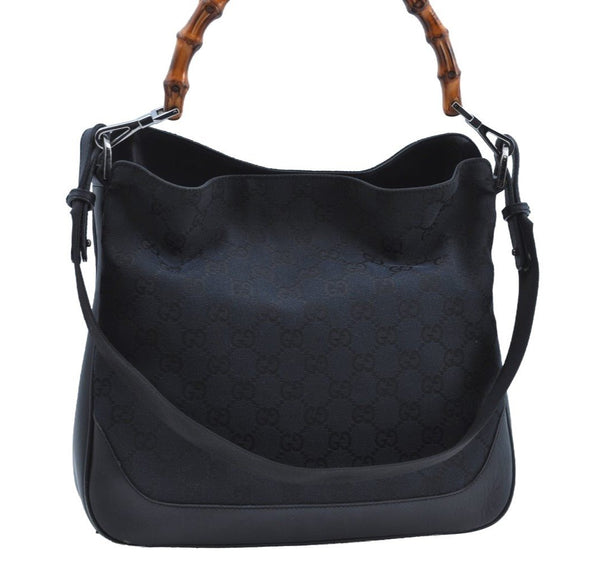 Authentic GUCCI Bamboo 2Way Shoulder Bag GG Canvas Leather 0014095 Black 6164H