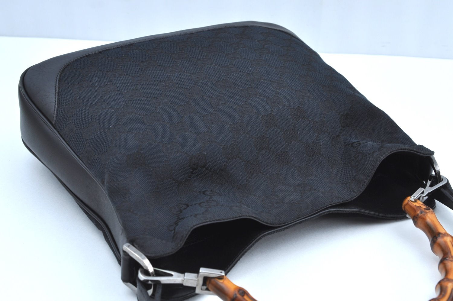 Authentic GUCCI Bamboo 2Way Shoulder Bag GG Canvas Leather 0014095 Black 6164H