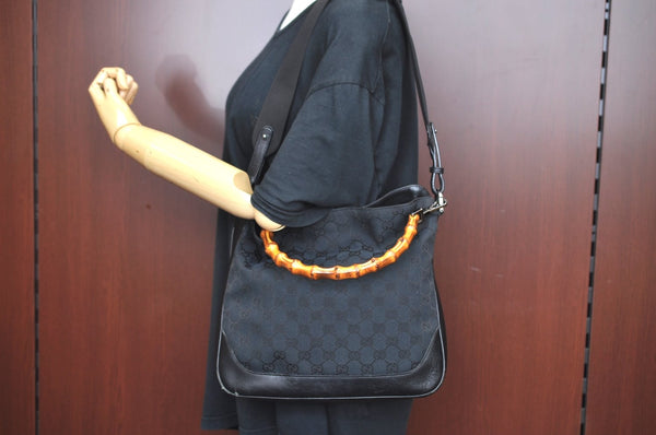 Authentic GUCCI Bamboo 2Way Shoulder Bag GG Canvas Leather 0014095 Black 6164H