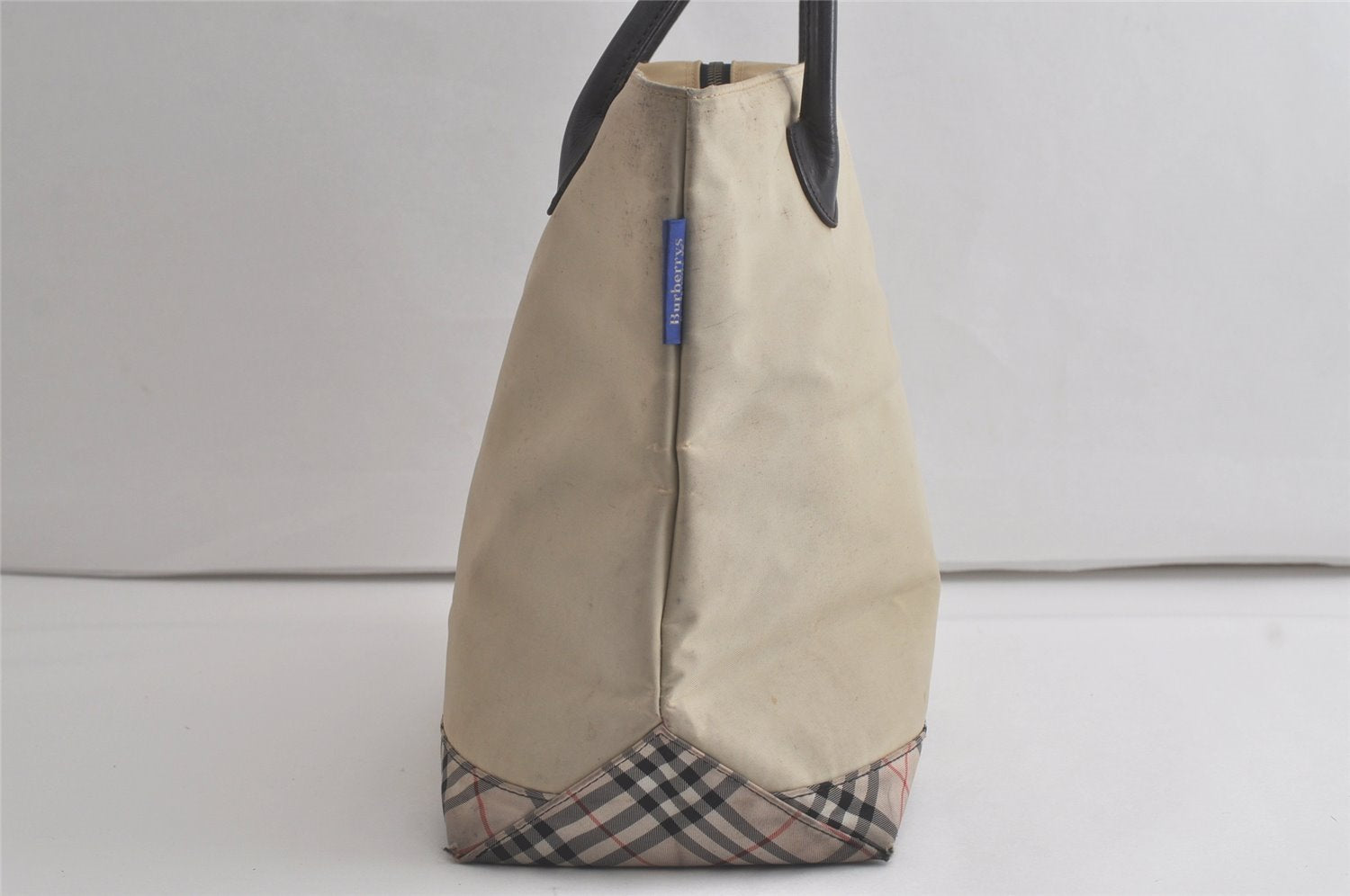 Authentic BURBERRY BLUE LABEL Check Shoulder Tote Bag Nylon Leather White 6170K