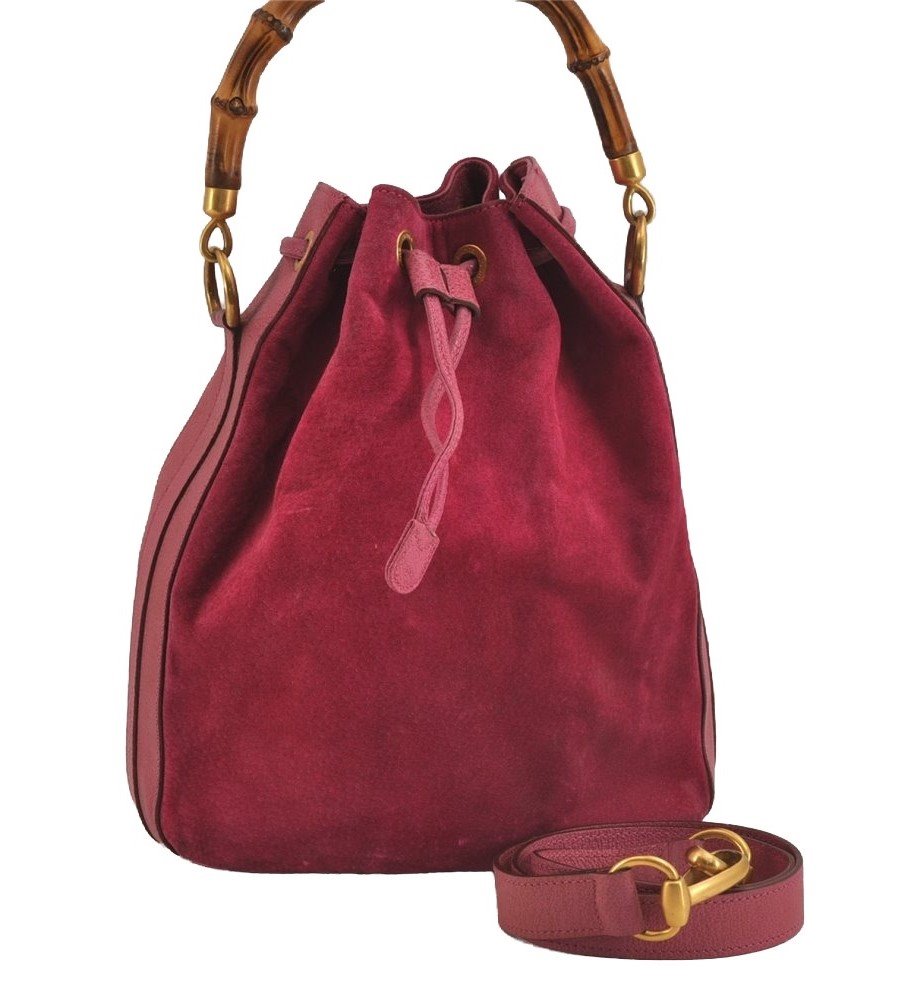 Authentic GUCCI Bamboo 2Way Hand Drawstring Bag Suede Leather Pink 6171J