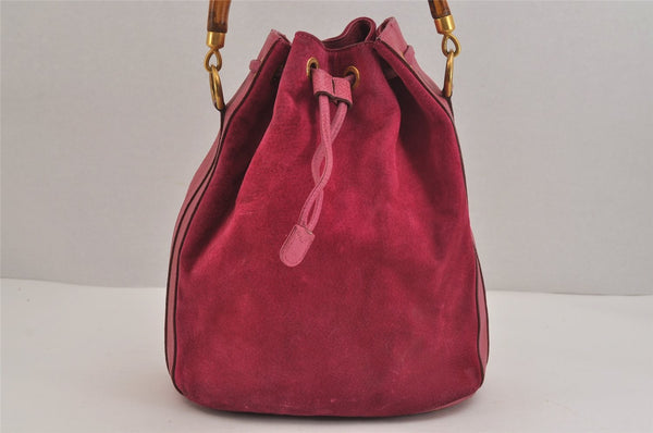 Authentic GUCCI Bamboo 2Way Hand Drawstring Bag Suede Leather Pink 6171J