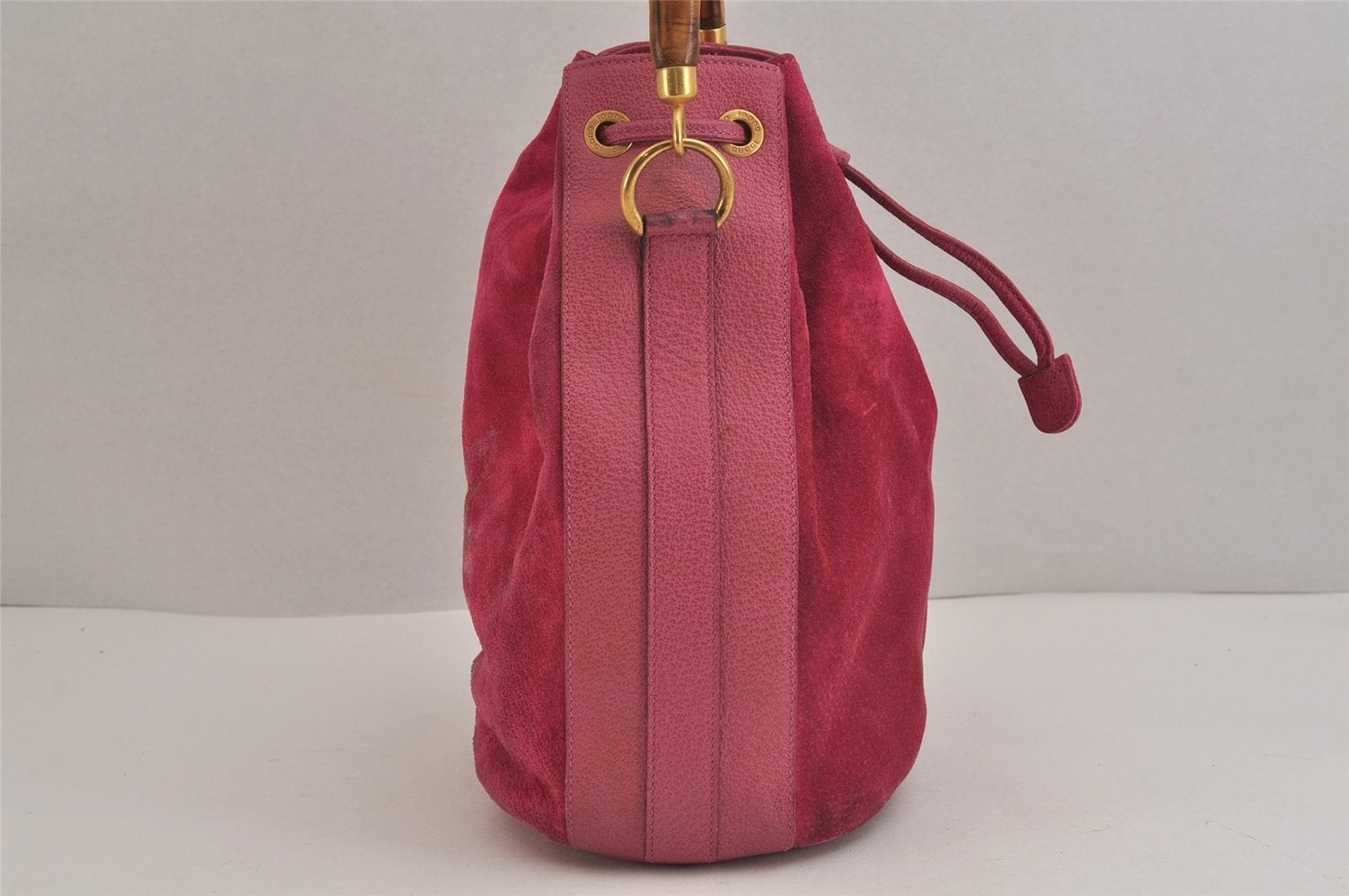 Authentic GUCCI Bamboo 2Way Hand Drawstring Bag Suede Leather Pink 6171J