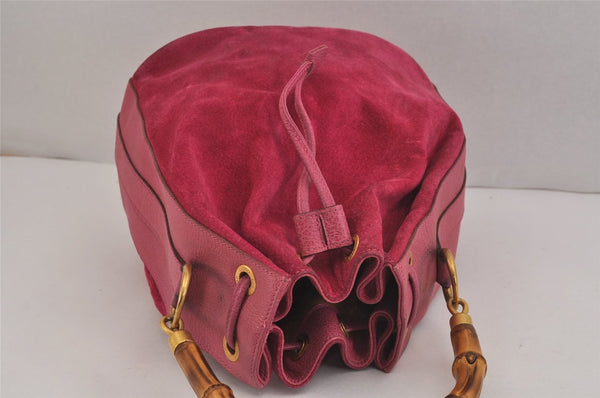 Authentic GUCCI Bamboo 2Way Hand Drawstring Bag Suede Leather Pink 6171J