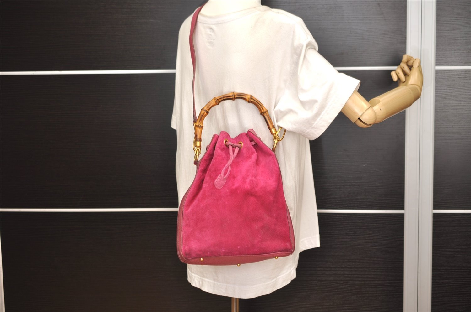 Authentic GUCCI Bamboo 2Way Hand Drawstring Bag Suede Leather Pink 6171J