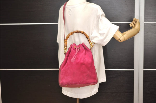 Authentic GUCCI Bamboo 2Way Hand Drawstring Bag Suede Leather Pink 6171J