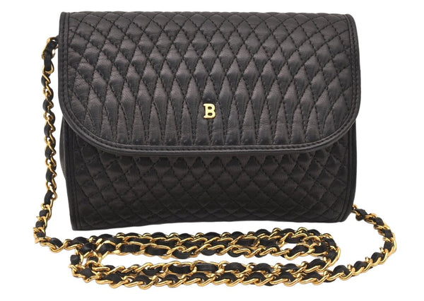 Authentic BALLY Quilting Leather Chain Shoulder Cross Body Bag Purse Black 6173K