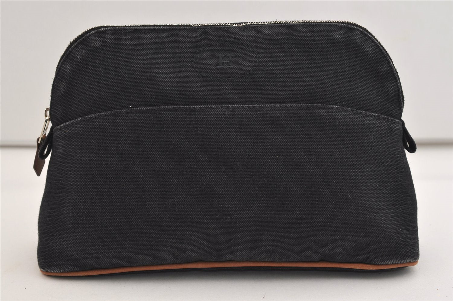 Authentic HERMES Bolide 25 Pouch Cosmetic Canvas Cotton Leather Black 6175J