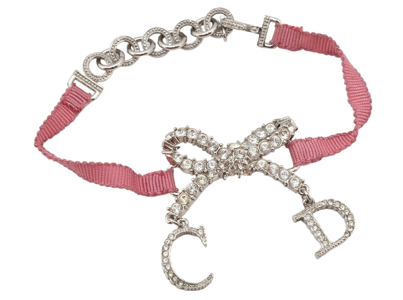 Authentic Christian Dior Ribbon Rinestone Chain Bracelet Silver Tone Pink 6179K