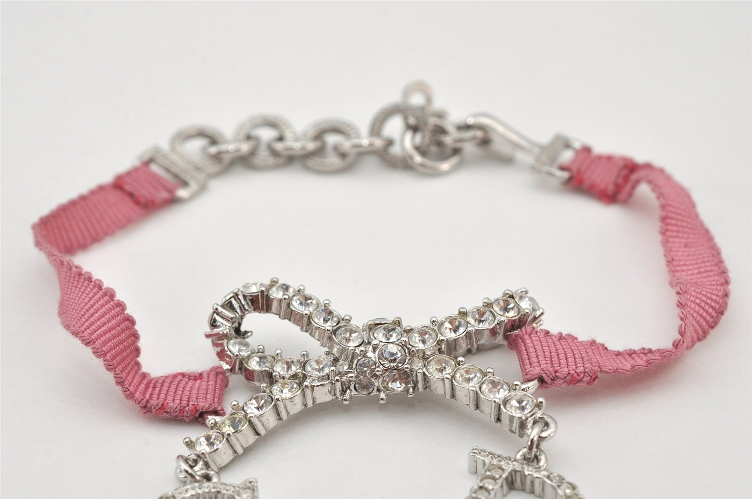 Authentic Christian Dior Ribbon Rinestone Chain Bracelet Silver Tone Pink 6179K