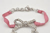 Authentic Christian Dior Ribbon Rinestone Chain Bracelet Silver Tone Pink 6179K