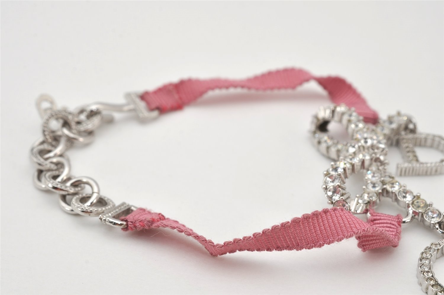 Authentic Christian Dior Ribbon Rinestone Chain Bracelet Silver Tone Pink 6179K