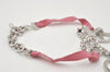 Authentic Christian Dior Ribbon Rinestone Chain Bracelet Silver Tone Pink 6179K