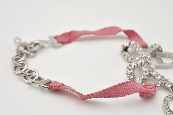 Authentic Christian Dior Ribbon Rinestone Chain Bracelet Silver Tone Pink 6179K