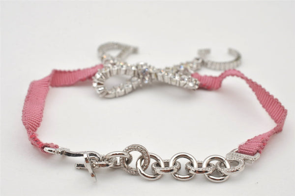Authentic Christian Dior Ribbon Rinestone Chain Bracelet Silver Tone Pink 6179K
