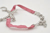 Authentic Christian Dior Ribbon Rinestone Chain Bracelet Silver Tone Pink 6179K