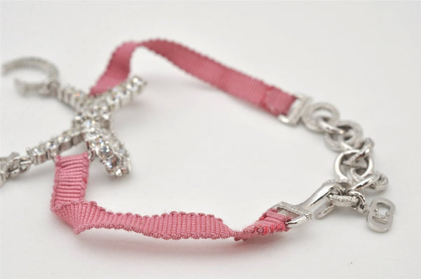 Authentic Christian Dior Ribbon Rinestone Chain Bracelet Silver Tone Pink 6179K