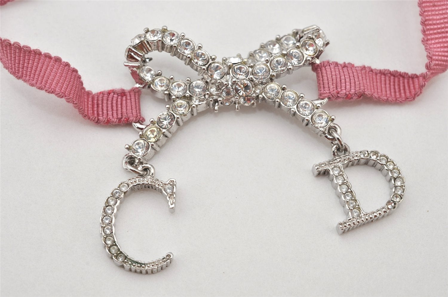 Authentic Christian Dior Ribbon Rinestone Chain Bracelet Silver Tone Pink 6179K
