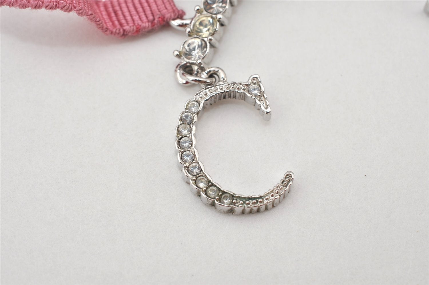 Authentic Christian Dior Ribbon Rinestone Chain Bracelet Silver Tone Pink 6179K